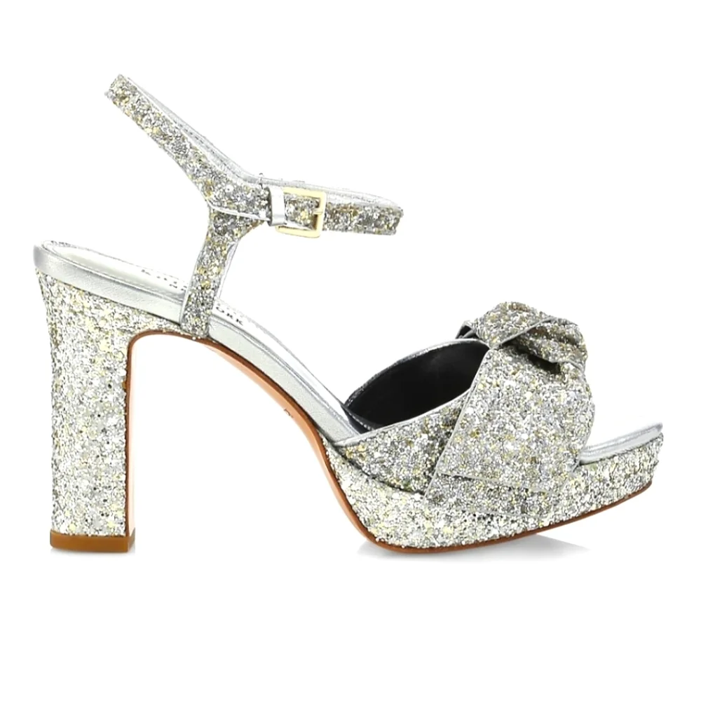 Kate Spade Miya Silver Glitter Bow Ankle Wrap Open Toe Platform Sandal Heel 7.5